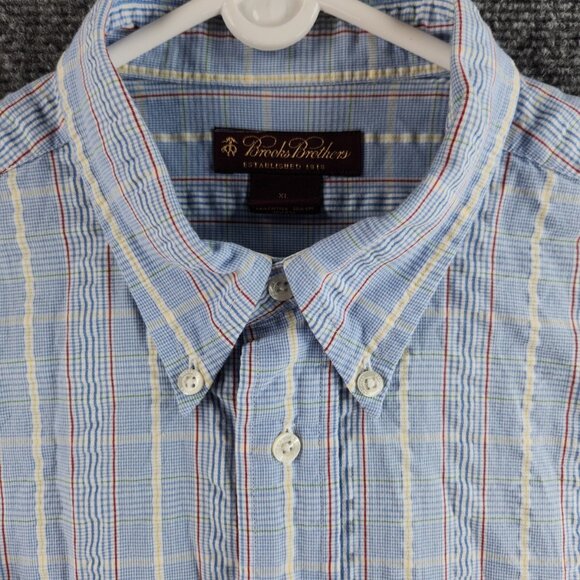 Brooks Brothers Seersucker Textured Short Sleeve XL Cotton Blue Plaid Woven - Picture 2 of 16